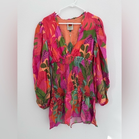 Farm Rio Sweet Forest Long Sleeve Mini Dress Orange Pink Size M NEW - Picture 3 of 12